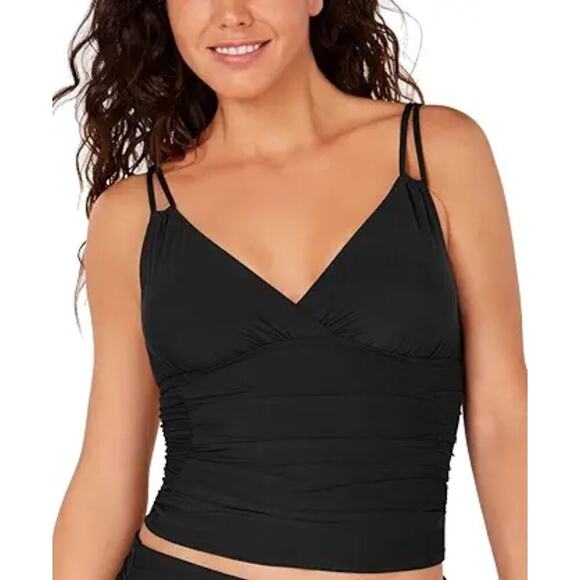 NWT Calvin Klein Ruched Swim Tankini Top Black V-Neck Surf Paddle Size M - Picture 1 of 5